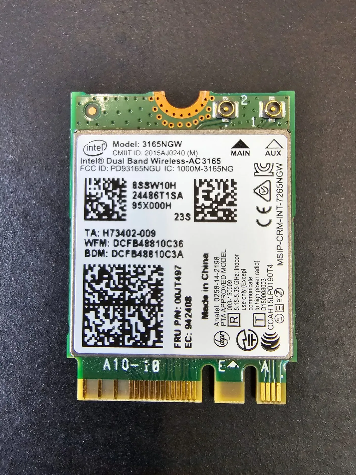 Intel Dual Band Wireless-AC3165 (Model: 3165NGW)